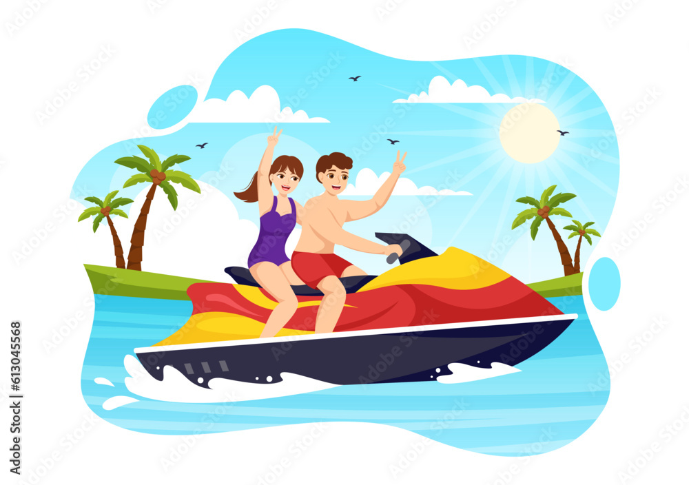 Fototapeta premium People Ride Jet Ski Vector Illustration Summer Vacation Recreation, Extreme Water Sports and Resort Beach Activity in Hand Drawn Flat Cartoon Template