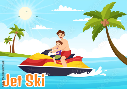 Kids Ride Jet Ski Vector Illustration Summer Vacation Recreation, Extreme Water Sports and Resort Beach Activity in Hand Drawn Flat Cartoon Template © denayune