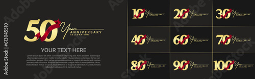 set of anniversary logo with golden number and red ribbon can be use for celebration