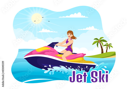 People Ride Jet Ski Vector Illustration Summer Vacation Recreation, Extreme Water Sports and Resort Beach Activity in Hand Drawn Flat Cartoon Template © denayune