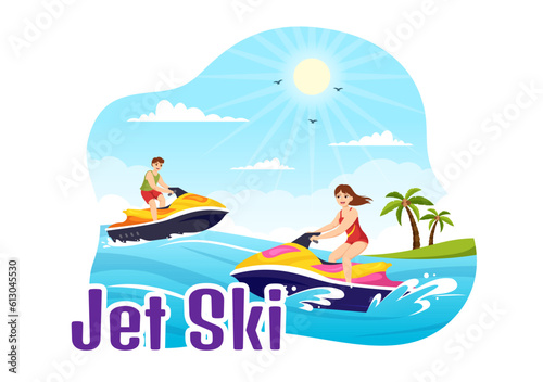 People Ride Jet Ski Vector Illustration Summer Vacation Recreation, Extreme Water Sports and Resort Beach Activity in Hand Drawn Flat Cartoon Template © denayune