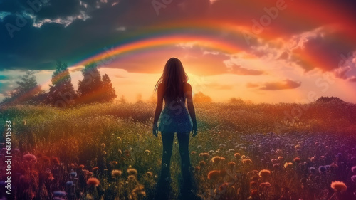 woman in rainbow field. Generative AI