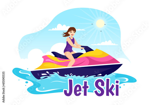 People Ride Jet Ski Vector Illustration Summer Vacation Recreation, Extreme Water Sports and Resort Beach Activity in Hand Drawn Flat Cartoon Template
