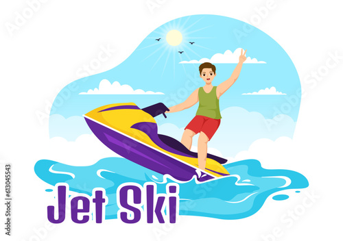 People Ride Jet Ski Vector Illustration Summer Vacation Recreation, Extreme Water Sports and Resort Beach Activity in Hand Drawn Flat Cartoon Template