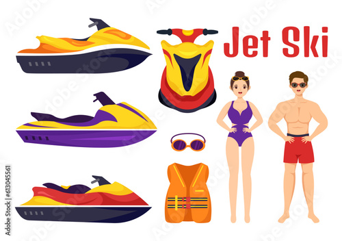 People Ride Jet Ski Vector Illustration Summer Vacation Recreation, Extreme Water Sports and Resort Beach Activity in Hand Drawn Flat Cartoon Template