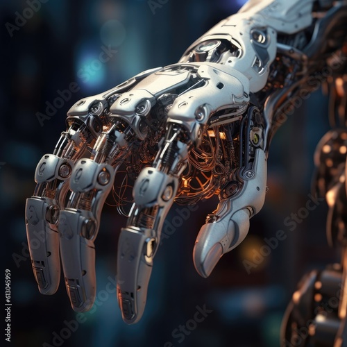 The hand of the robot of the future on a dark background Generative AI