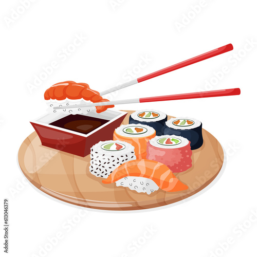 Sushi.A colorful set of different types of sushi on a bamboo tray, chopsticks and a bowl of soy sauce. Isolated vector illustration. Vector illustration