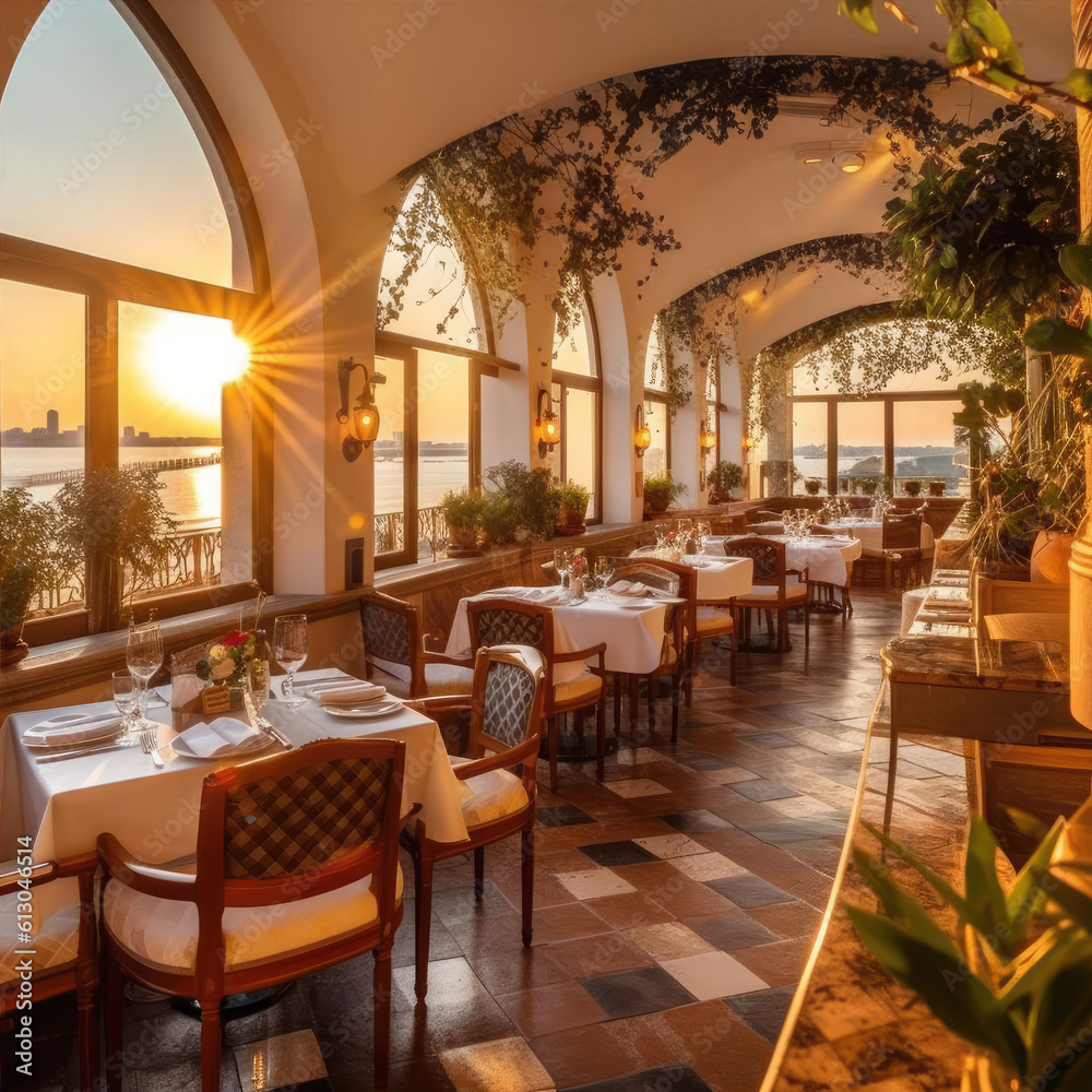 Interior of Mediterranean restaurant with laid tables, in the rays of the setting sun Generative AI