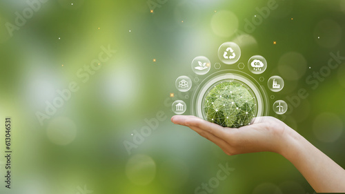Hand of human holding green earth with the icon of Environment on green blur backgroud for ESG, co2, and net zero.World sustainable environment, save clean planet, Earth day and Ecology concept.