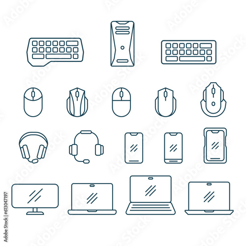 Vector ui icons for computer hardware, computer mouse headphones, keyboard, smartphones and monitor. Vector simple icons for gaming devices.