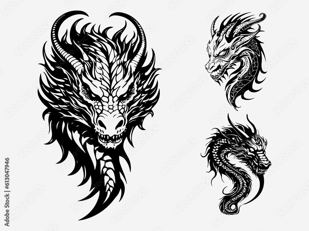 Dragon head tribal tattoo black and white illustration logo set Stock ...