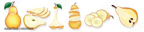 Set of ripe sweet pears on white background