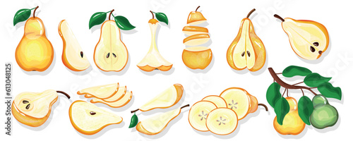 Set of ripe sweet pears on white background