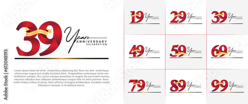 set of anniversary logo with red number and golden ribbon, handwriting text can be use for celebration photo