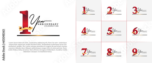 set of anniversary logo with red number and golden ribbon, handwriting text can be use for celebration