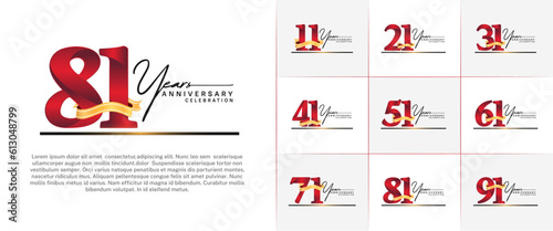 set of anniversary logo with red number and golden ribbon, handwriting text can be use for celebration