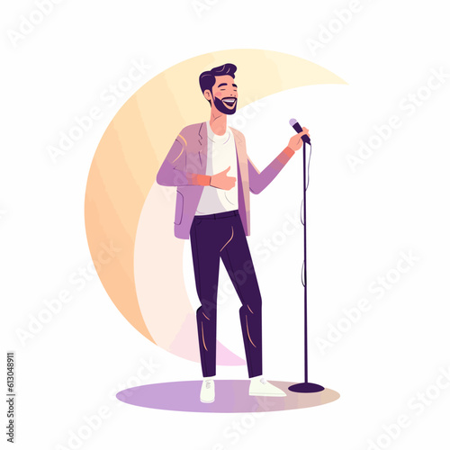 Stand up comedian man performing and laughing on a stage, vector illustration