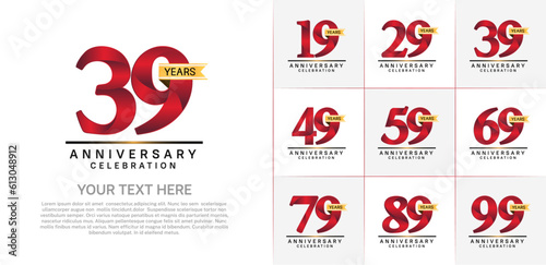 set of anniversary logo with red number and gold ribbon can be use for celebration