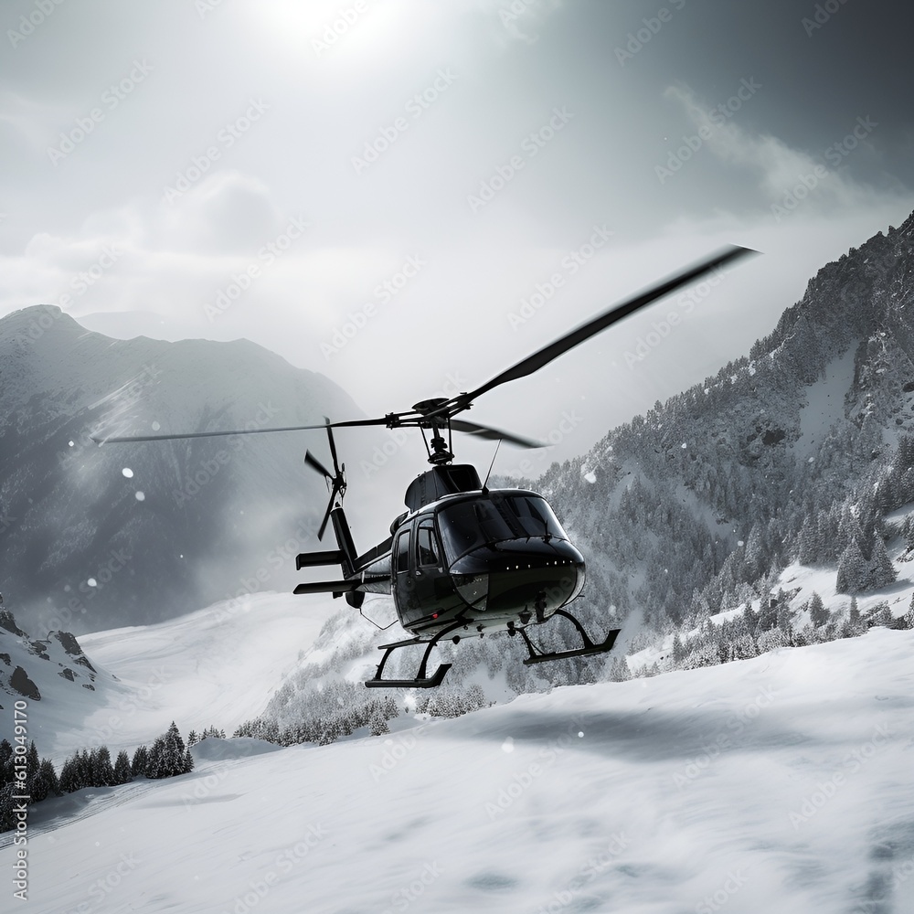 A black helicopter in winter mountains, in a covert, undercover mission. undercover activity concept. Generative AI based.