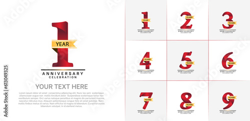 set of anniversary logo with red number and gold ribbon can be use for celebration