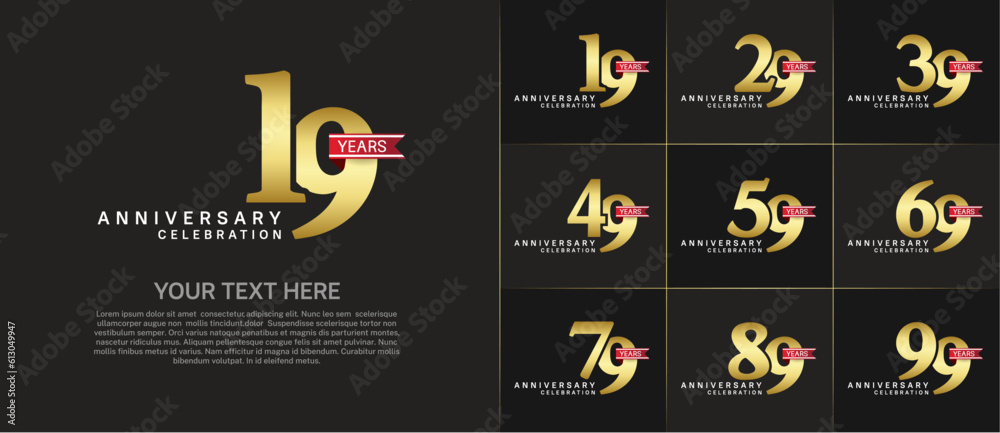 set of anniversary logo with golden number and red ribbon can be use for celebration set of anniversary logo with golden number and red ribbon can be use for celebration