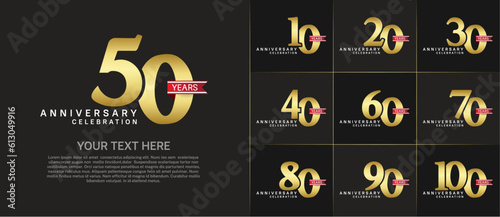set of anniversary logo with golden number and red ribbon can be use for celebration