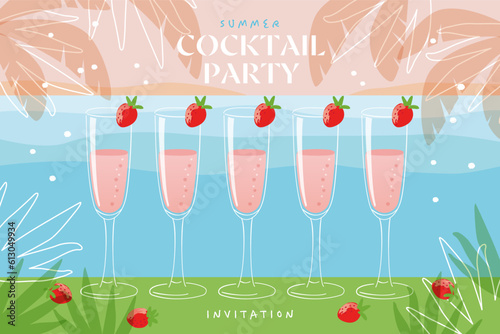 Summer cocktail party invitation design template, sparkling cocktail with strawberry,  beach background with palm trees.