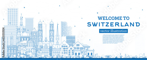 Welcome to Switzerland. Outline City Skyline with Blue Buildings. Switzerland Cityscape with Landmarks.