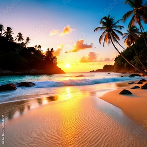 serene beachscene with crystal clear water and white sand, tropical palm trees swaying in the breeze, perfect paradise, seaspape
