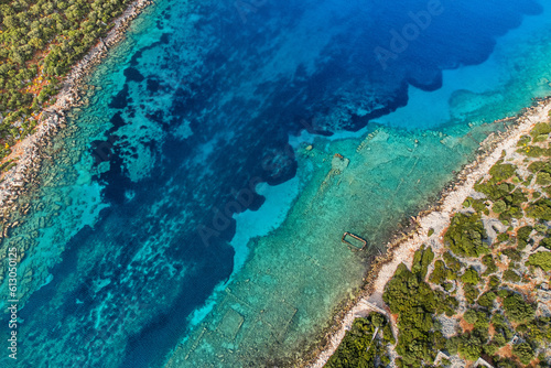 Aerial view of a sea bottom with abstract natural patterns. Summer holyday wallpaper