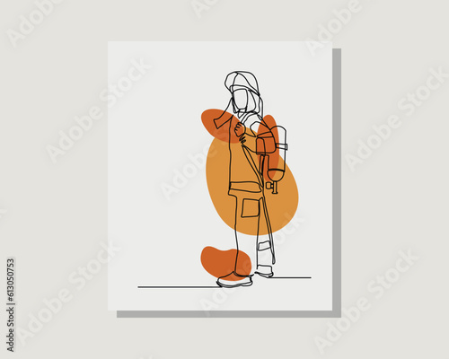 Continuous single one line art drawing of firefighter holding fire hose nozzle to extinguish fire in boho bohemian style design vector illustration
