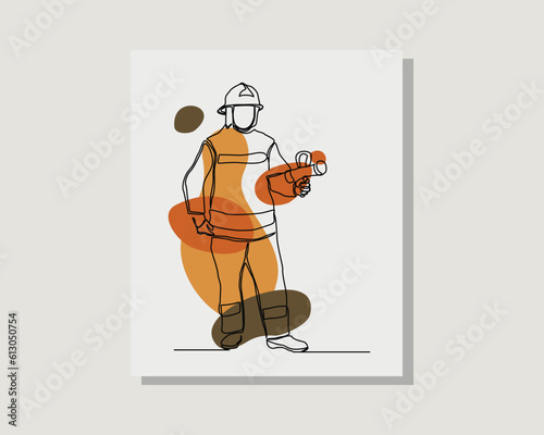 Continuous single one line art drawing of firefighter holding fire hose nozzle to extinguish fire in boho bohemian style design vector illustration