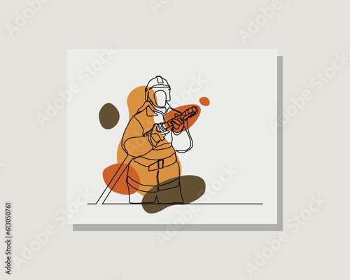 Continuous single one line art drawing of firefighter holding fire hose nozzle to extinguish fire in boho bohemian style design vector illustration