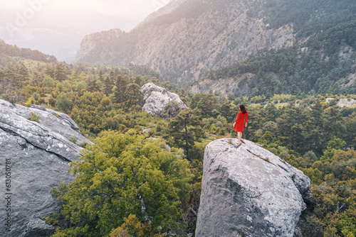 Romantic aerial photo of a girl in a red dress on top of a cliff admiring the view of a mountain gorge