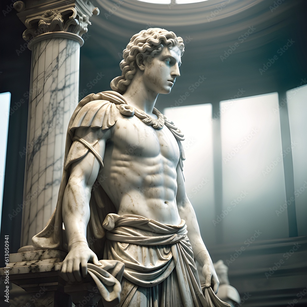 Image of a white marble statue bust of a roman soldier or the demigod Image of a white marble statue bust of a roman soldier or the demigod