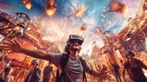 VRゴーグルをつけて観光する人達