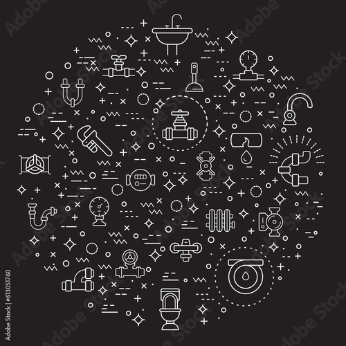 Simple Set of plumbing Related Vector Line Illustration. Contains such Icons as traps, drains, taps, hand tools, vise, pipe, connector, valve and Other Elements.