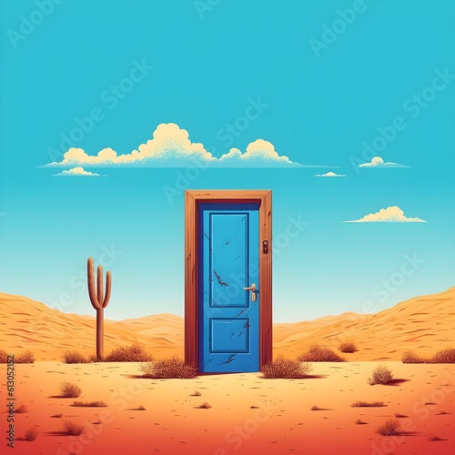 A blue door in the middle of desert leading to nowhere. Door, journey, desert, adventure. Created with Generative AI Technology. 
