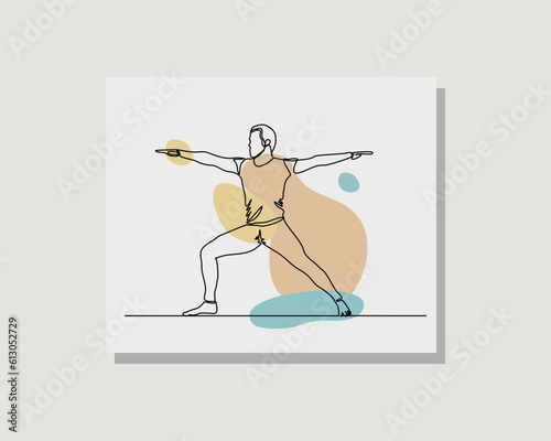 Continuous single one line art drawing of man practice gymnastic yoga exercise in boho bohemian style design vector illustration