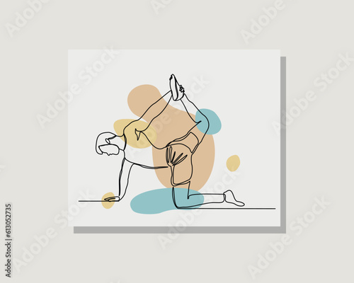 Continuous single one line art drawing of man practice gymnastic yoga exercise in boho bohemian style design vector illustration