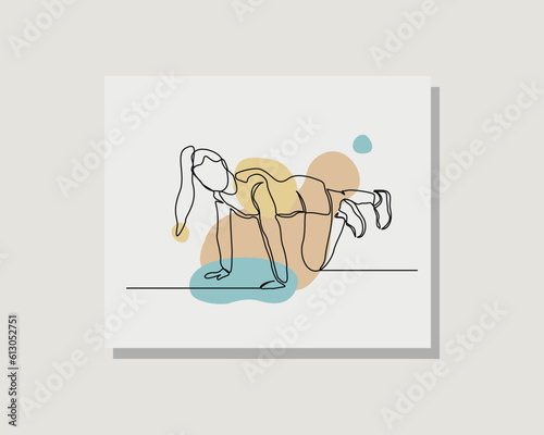 Continuous single one line art drawing of woman practice gymnastic yoga exercise in boho bohemian style design vector illustration