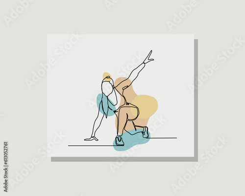 Continuous single one line art drawing of woman practice gymnastic yoga exercise in boho bohemian style design vector illustration