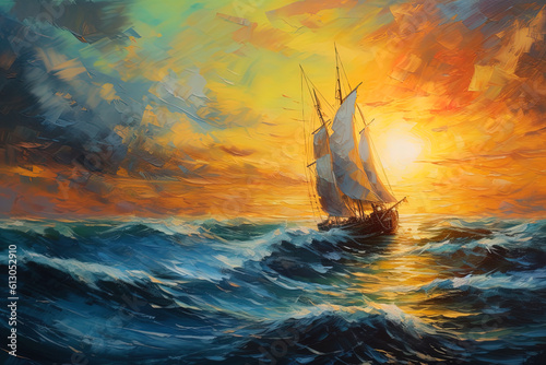 oil paint, sailboat boat at sunset on the ocean photo
