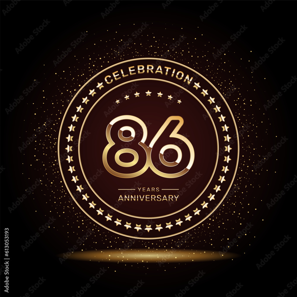 86 year anniversary logo design with double line numbers in gold color, vector template