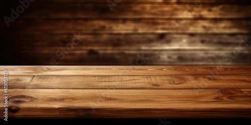 Empty wooden table, Blurred background. Mockup, Generative AI