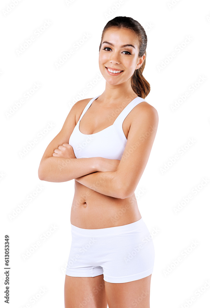Fitness, crossed arms and portrait of woman for wellness on isolated, png and transparent background. Sports, healthy body and happy female person in underwear for exercise, training and workout Fitness, crossed arms and portrait of woman for wellness on isolated, png and transparent background. Sports, healthy body and happy female person in underwear for exercise, training and workout