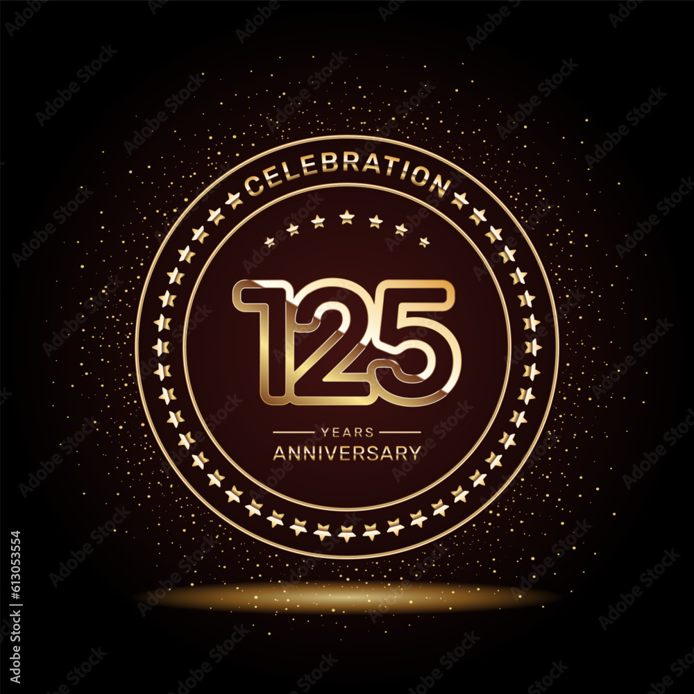 125 year anniversary logo design with double line numbers in gold color, vector template