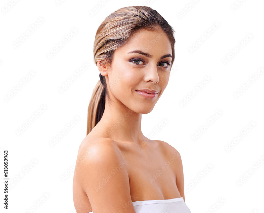 Skincare, natural beauty and woman portrait with cosmetics isolated on a transparent, png background. Dermatology, makeup glow and young female person with confidence and smile from wellness Skincare, natural beauty and woman portrait with cosmetics isolated on a transparent, png background. Dermatology, makeup glow and young female person with confidence and smile from wellness