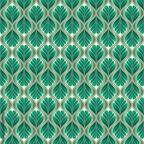 Seamless pattern with floral elements inspired by retro wallpaper designs in green colors.