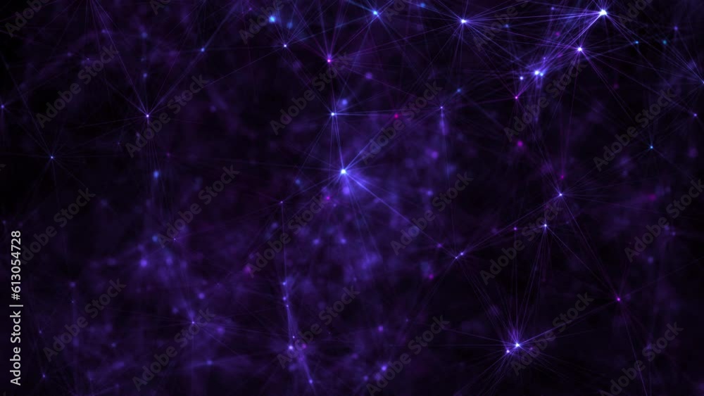 Purple violet gradient wallpaper vj background. Fantasy abstract technology, engineering and science backdrop with particles and plexus connected lines. Wireframe 3D animation and copy space